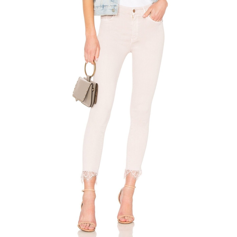 MOTHER High Waisted Looker Dagger Ankle Fray‎ in Blush Women 25 Hem w/ Lace $228
